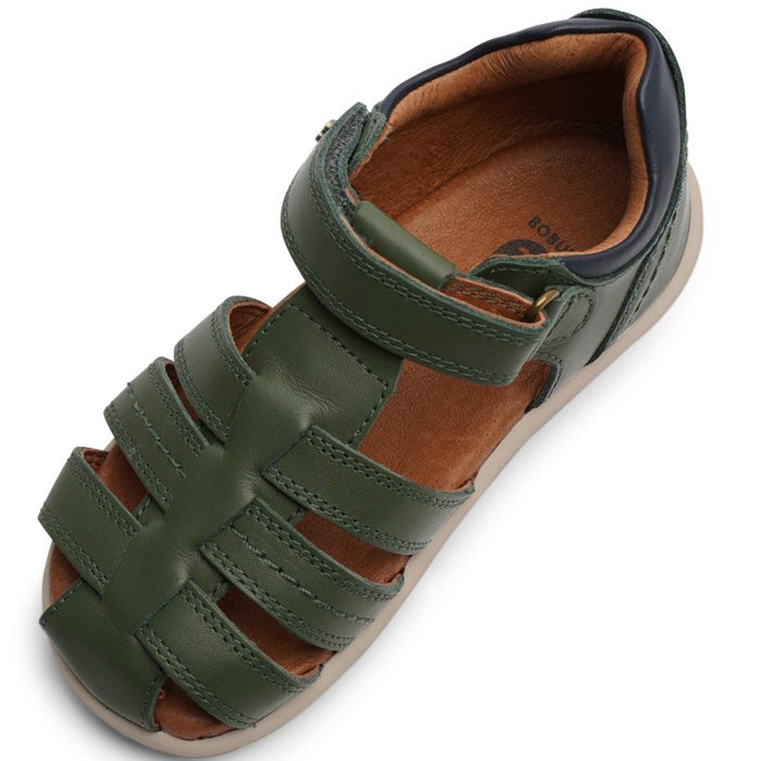 The Bobux IWalk Roam Sandal Forest Navy is a leather kids' sandal with a closed toe, multiple straps, cushioned tan insole, and hook-and-loop fastening—ideal boys’ summer footwear, shown angled on a white background., 9420071319213, 9420071319220, 9420071