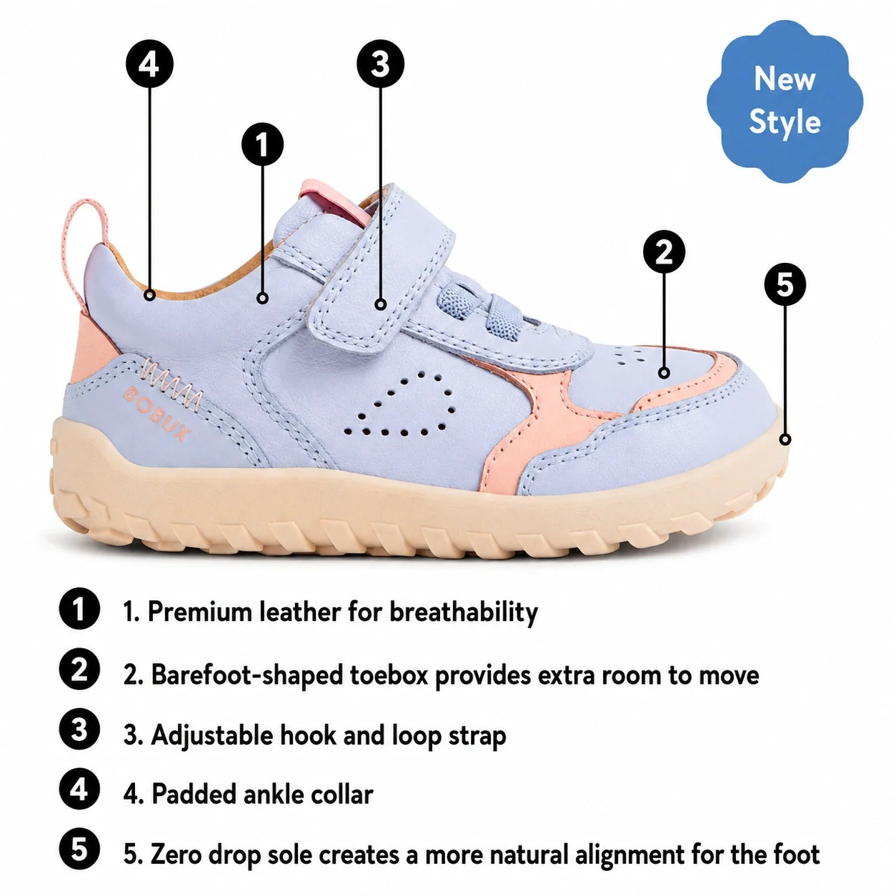 A navy blue kids’ leather sneaker—the Bobux Kid+ Plus KP Neo Leather Sneaker Navy Alpha—featuring premium leather, a barefoot-shaped toebox, hook and loop strap, padded collar, and a zero-drop sole for natural foot alignment., 9420074847690, 9420074847706