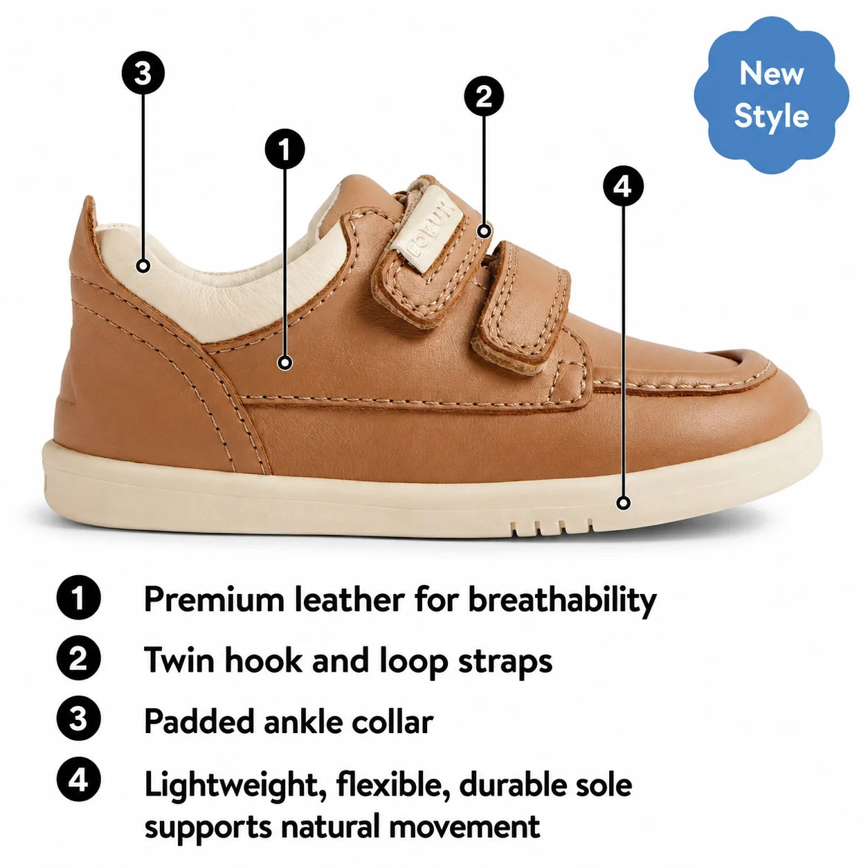 Introducing the Bobux Kid+ Plus KP Oakley Leather Sneaker in Vintage Indigo Blue – crafted from premium leather, featuring twin hook-and-loop straps, a padded ankle collar, and a lightweight, durable flexible sole. This new style offers comfort and suppor