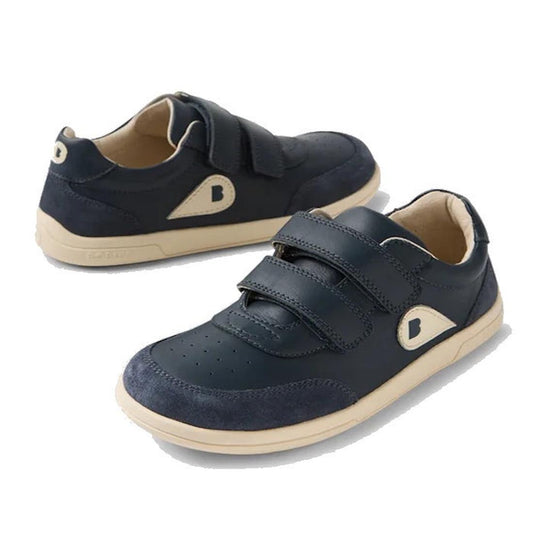 Bobux KP Kids Plus Champ 2 II Sneaker Navy Juniors: Sturdy navy leather sneakers for kids, beige sole, double straps, B logo on side.  ksnz
