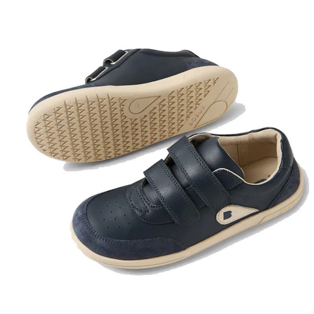 Bobux KP Kids Plus Champ 2 II Sneaker in navy for juniors, with comfy leather, easy straps, beige soles, and a fun white accent.  ksnz, 9420074829436, 9420074829443, 9420074829450, 9420074829467, 9420074829474, 9420074829481, 9420074829498