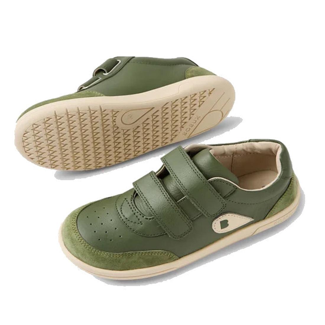 The Bobux KP Kids Plus Champ II Sneaker in Bronze Green Juniors features leather uppers, beige durable soles, two adjustable velcro straps, a rounded toe, and front perforated detail; shown from the side and bottom views., 9420074829573, 9420074829580, 94