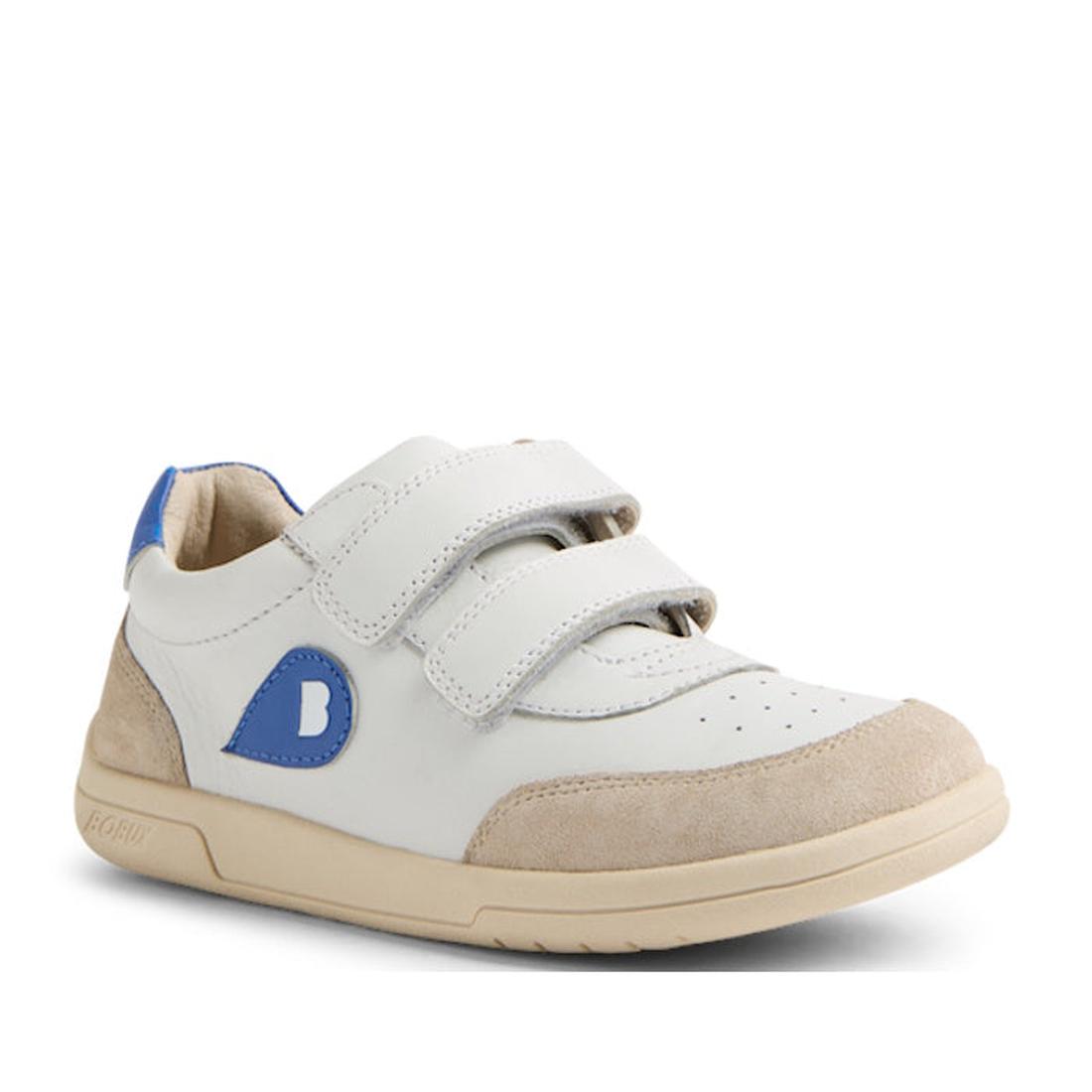 The Bobux KP Kids Plus Champ II Sneaker White Blue Juniors features white and beige leather, blue accents, dual adjustable straps, a sturdy rubber sole, and perforated toes—perfect for comfort and everyday casual wear., 9420074829924, 9420074829931, 94200