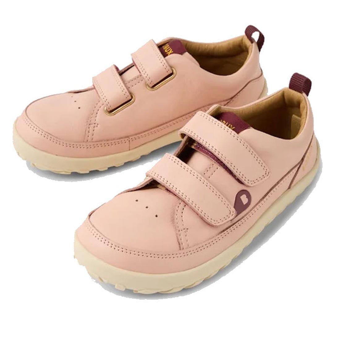 The Bobux Kid+ Dawn Leather Sneaker in Cameo Rose Pink Alpha features a barefoot-shaped toe box, beige soles, two Velcro straps, maroon side logo and pull tabs, offering zero drop design and natural comfort for kids., 9420068565647, 9420068565654, 9420068