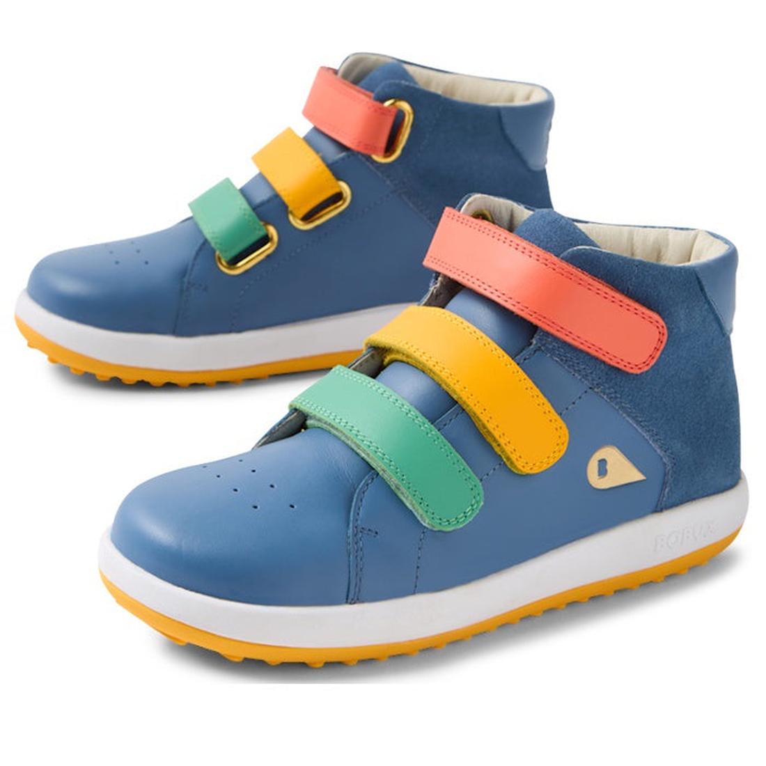 The Bobux KP Kids Plus Juniors Gamepoint Leather Boot in Coronet Blue features three adjustable straps in red, yellow, and green, white soles, and a durable rubber outsole.