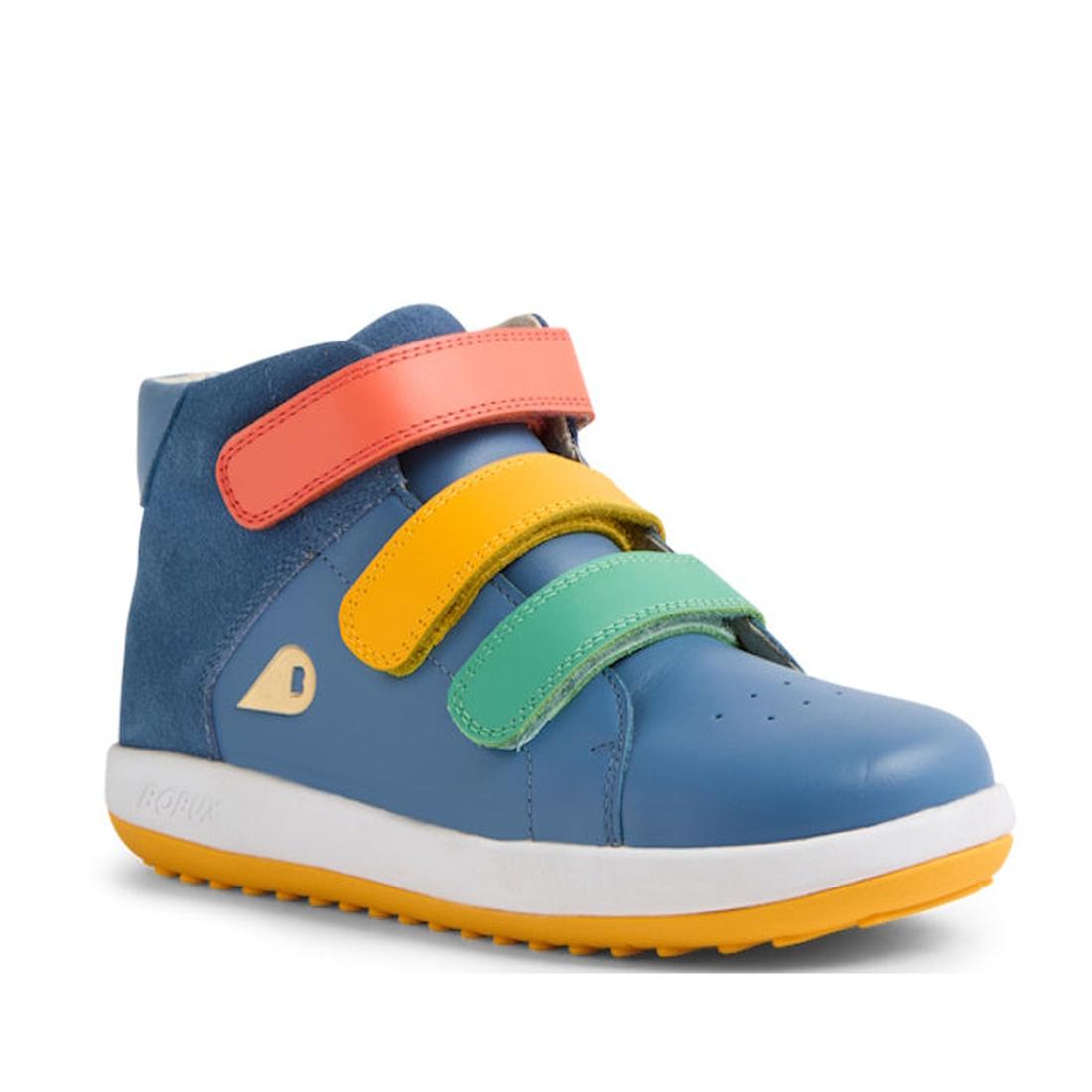 The Bobux KP Kids Plus Juniors Gamepoint Leather Boot Coronet Blue is a blue high-top sneaker with red, yellow, and green adjustable straps, a yellow rubber outsole, and a small silver logo on the side., 9420074815477, 9420074815484, 9420074815491, 942007