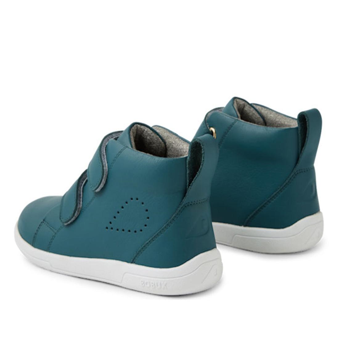 The Bobux KP Grass Court High II Boot Mediterranean Green Juniors features a premium teal leather upper with perforated heart design, white soles, adjustable Velcro straps, and a soft padded interior for kids' comfort., 9420074859099, 9420074859105, 94200
