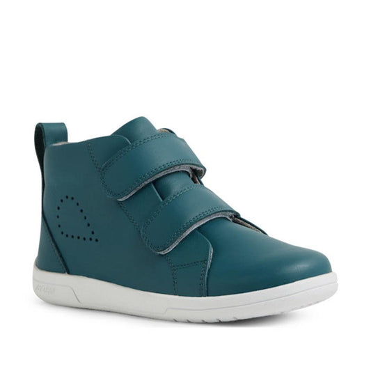The Bobux KP Grass Court High II Boot Mediterranean Green Juniors is a kids' teal leather high-top sneaker featuring double velcro straps, a white sole, and a subtle perforated leaf detail on the side.