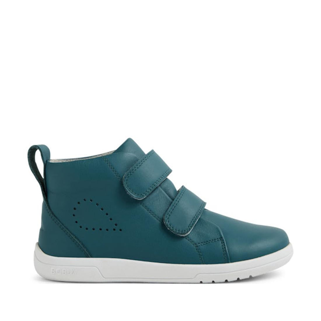 Bobux KP Grass Court High II Boot Mediterranean Green Juniors: kids' leather high-top sneakers with adjustable Velcro straps, premium leather upper, white sole, heel pull tab, and side perforated teardrop design. Shown in right-facing profile view., 94200