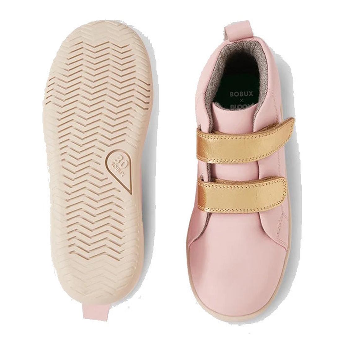 The Bobux KP Grass Court High II Boot Ballet Pink Juniors is a kids' leather high-top sneaker with two beige adjustable straps. One shoe is top view; the other shows the textured white sole with a heart-shaped 20 SOUL imprint., 9420074831040, 942007483105