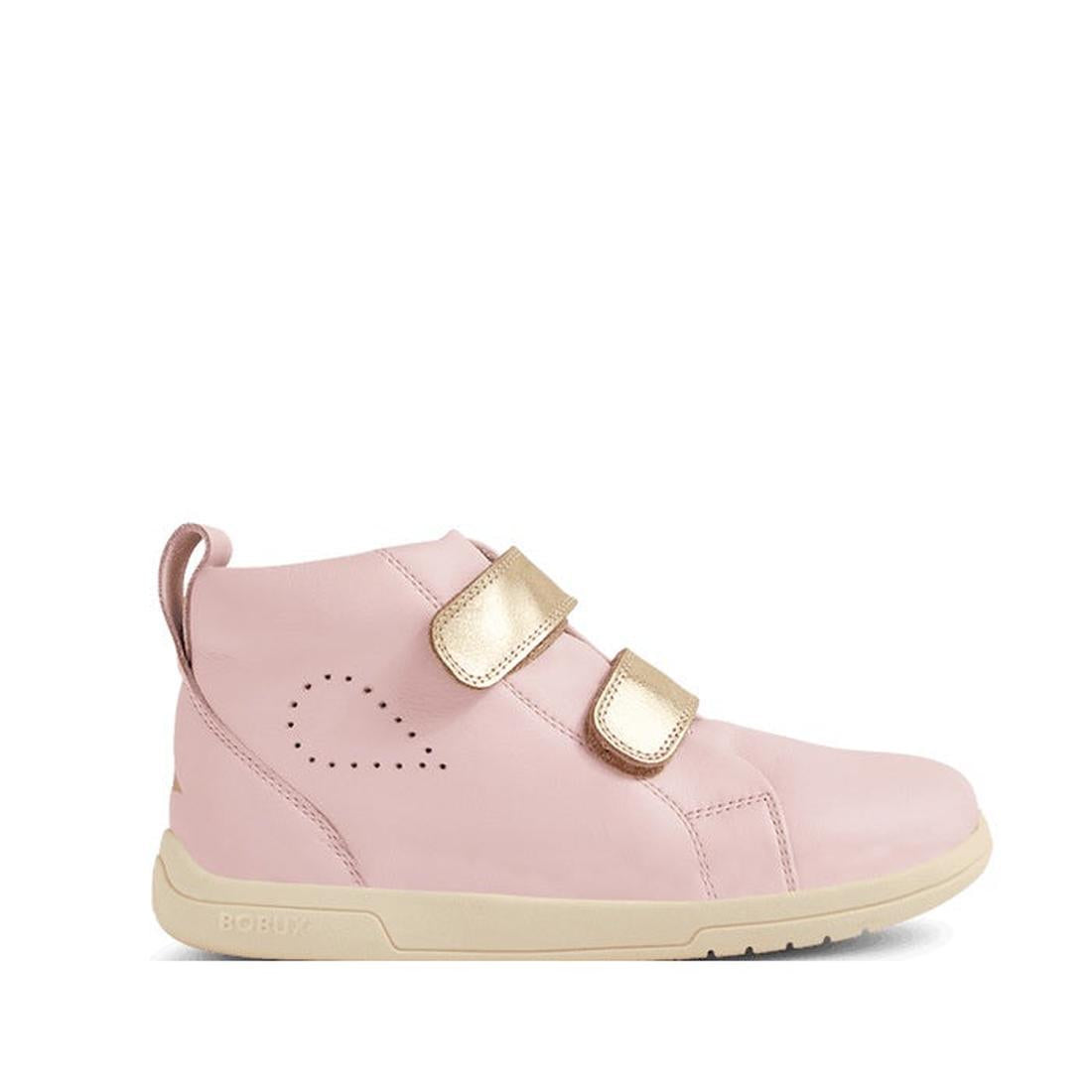 The Bobux KP Grass Court High II Boot Ballet Pink Juniors is a kids’ pink leather high-top sneaker with two metallic gold hook-and-loop straps, a cream sole, and a small perforated heart on the side., 9420074831040, 9420074831057, 9420074831064, 942007483