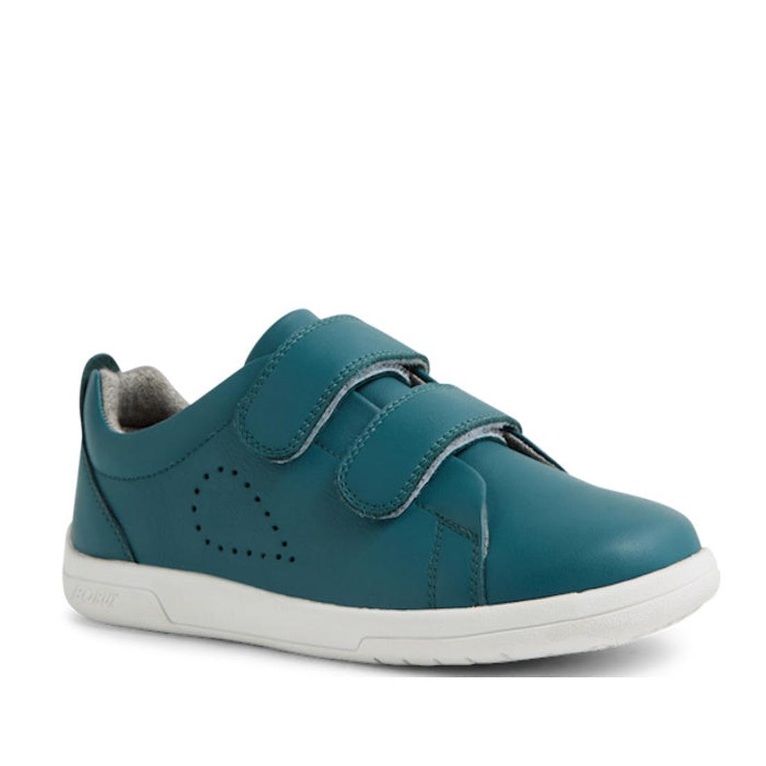 The Bobux KP Kids Plus Grass Court 2 II Leather Sneaker in Mediterranean Green features two adjustable straps, a durable white sole, and side perforations. Crafted from leather for comfort and style., 9420074859303, 9420074859310, 9420074859327, 942007485