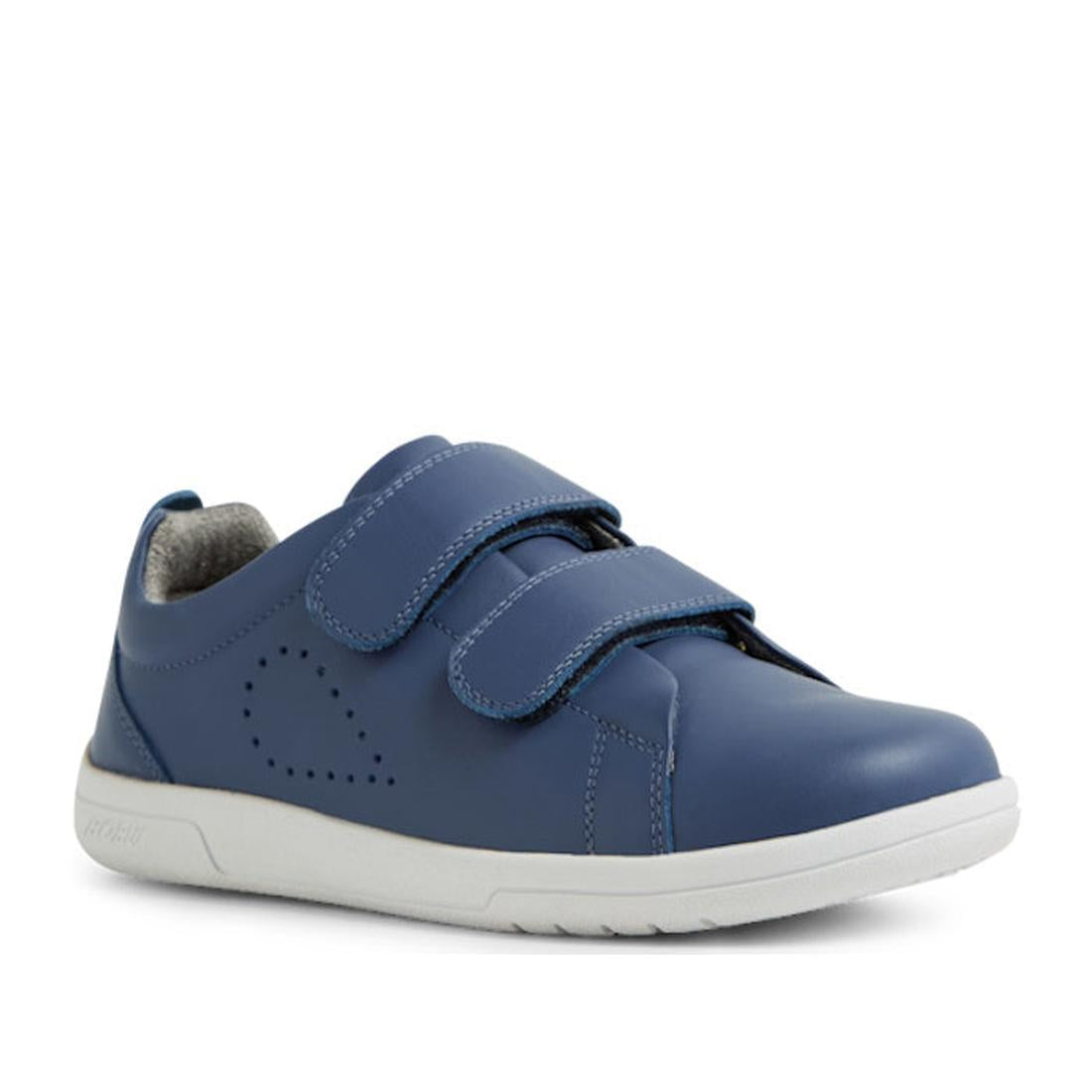 The Bobux KP Kids Plus Grass Court II Leather Sneaker in Vintage Indigo Blue features two wide Velcro straps, a white sole, and a subtle perforated side pattern—offering stylish, practical casual wear for kids., 9420074859440, 9420074859457, 9420074859464