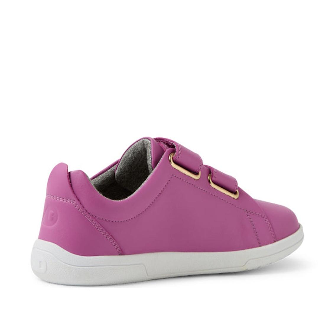 The Bobux KP Kids Plus Grass Court II Leather Sneaker in Cattleya Orchid Purple features double Velcro straps, gold details, a Bloom EVA footbed, white sole, and low-cut design, shown side-on against a white background., 9420074859372, 9420074859389, 9420