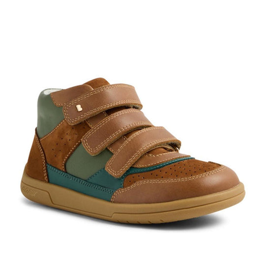 The Bobux KP Kids Plus Harley Ankle Leather Boot in Caramel Tan for juniors features a high-top design with brown, green, and teal leather, perforated details, three adjustable straps, and a durable tan sole.