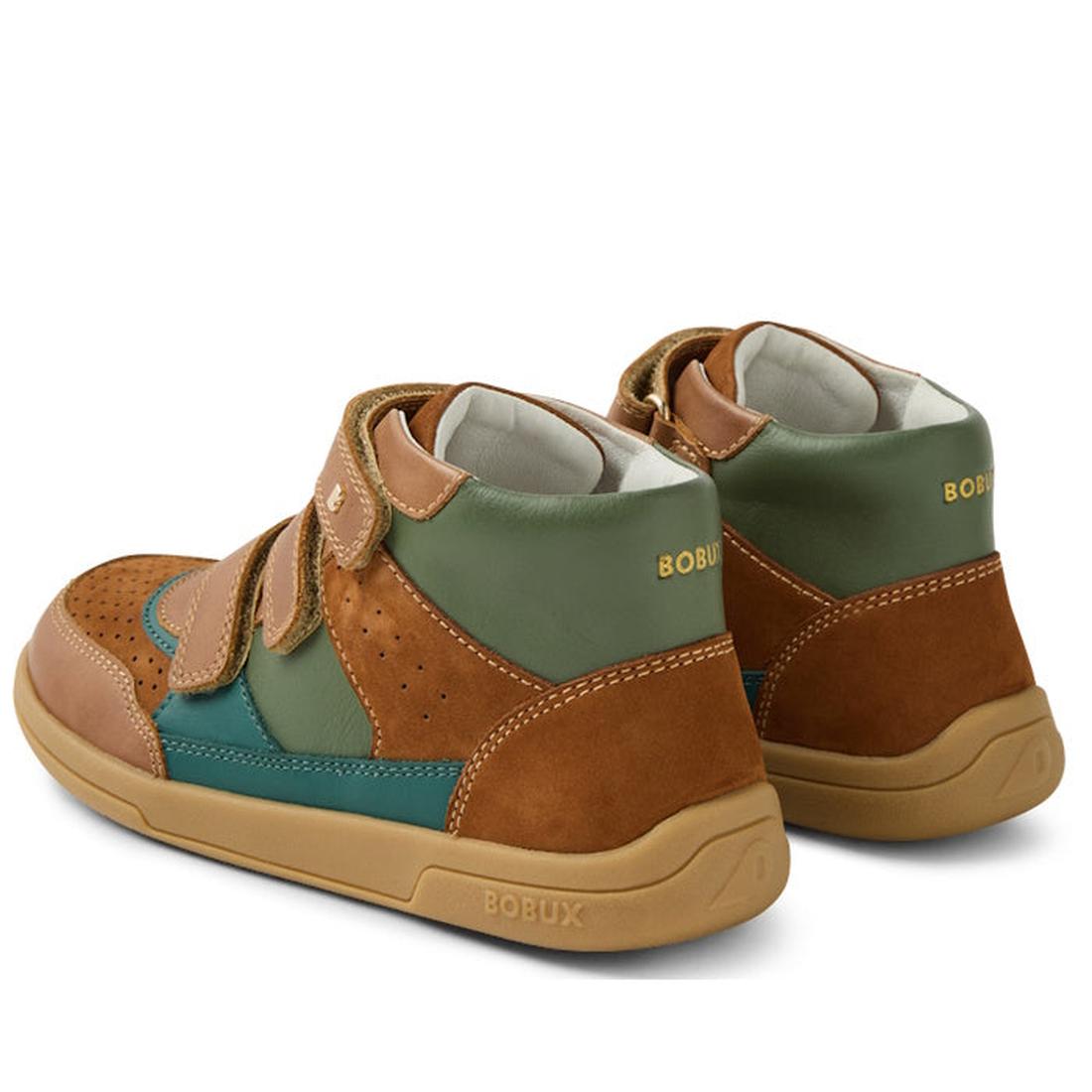 The Bobux KP Kids Plus Harley Ankle Leather Boot in Caramel Tan for juniors features high-top design, brown, green, and teal panels, a durable sole, two adjustable Velcro straps, and gold BOBUX branding on the back., 9420074833716, 9420074833723, 94200748