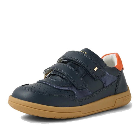 The Bobux KP Kids Plus Hunter Leather Sneaker in Navy features two adjustable straps, an orange heel detail, a tan rubber sole, and quickdry leather with smooth and suede textures plus subtle stitching for juniors.