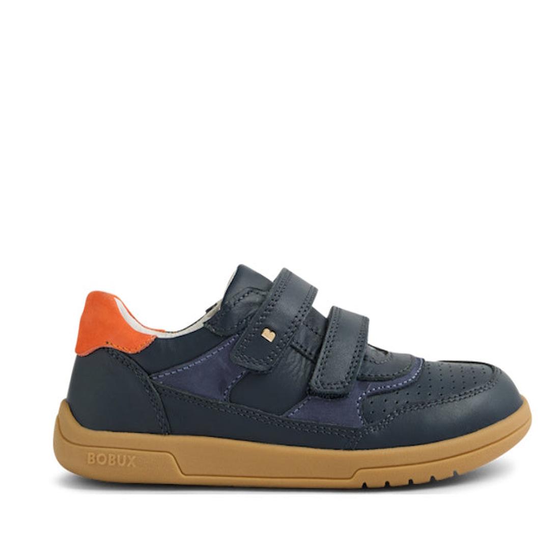The Bobux KP Kids Plus Hunter Leather Sneaker Navy Juniors features navy leather, two adjustable straps, a tan rubber sole, an orange heel accent, and the BOBUX logo embossed on the side of the sole., 9420074834355, 9420074834362, 9420074834379, 942007483