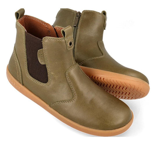 The Bobux Kid+ Jodphur Boot Olive Toffee 830060 features olive green unisex leather, brown elastic side panels, side zippers, and light brown rubber soles, shown on a white background.