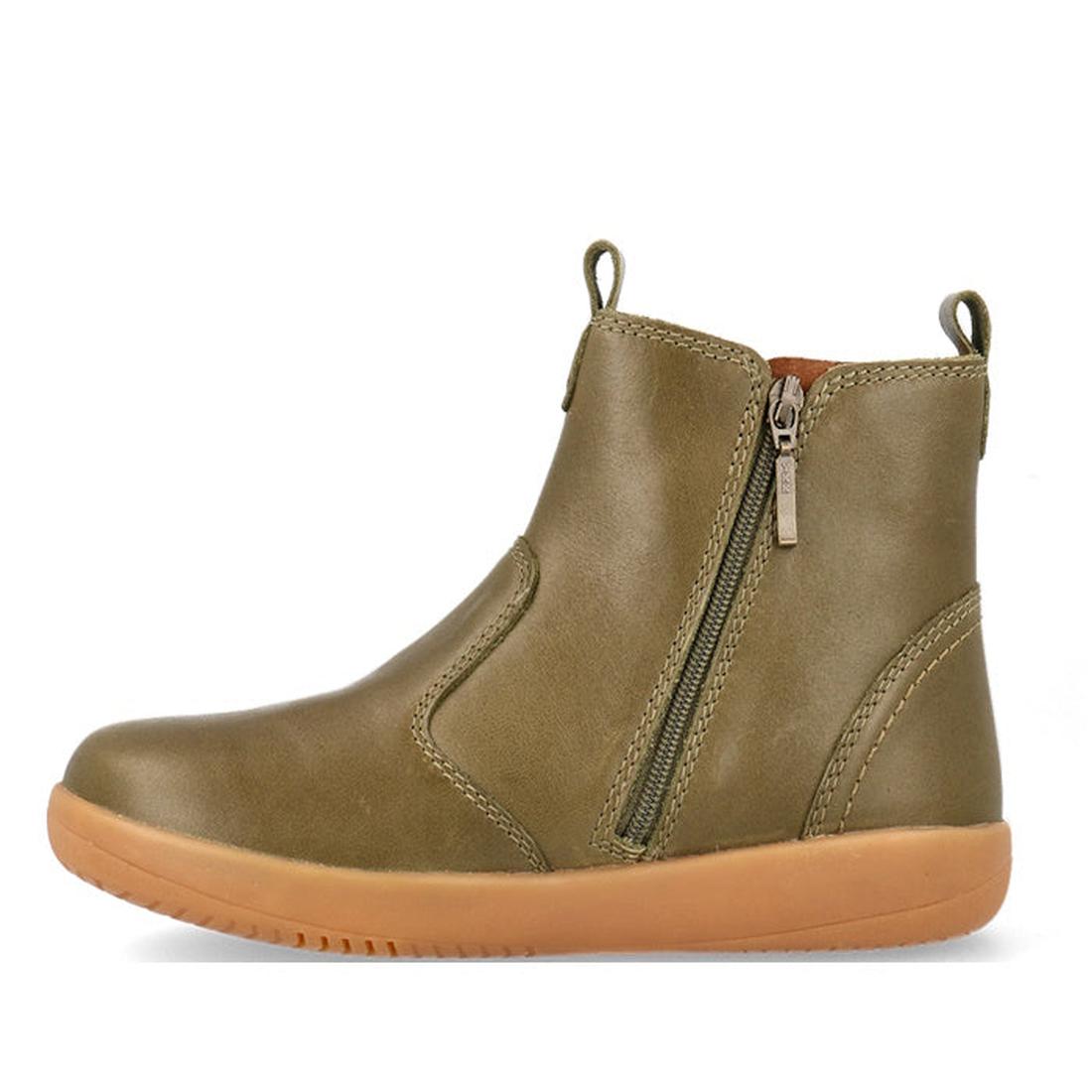 The Bobux Kid+ Jodphur Boot Olive Toffee 830060 is a smooth olive green unisex kids boot with a tan rubber sole, side zipper, front and back pull loops, visible stitching, and classic Jodhpur-inspired design., 9420075796324, 9420075796270, 9420075796294, 