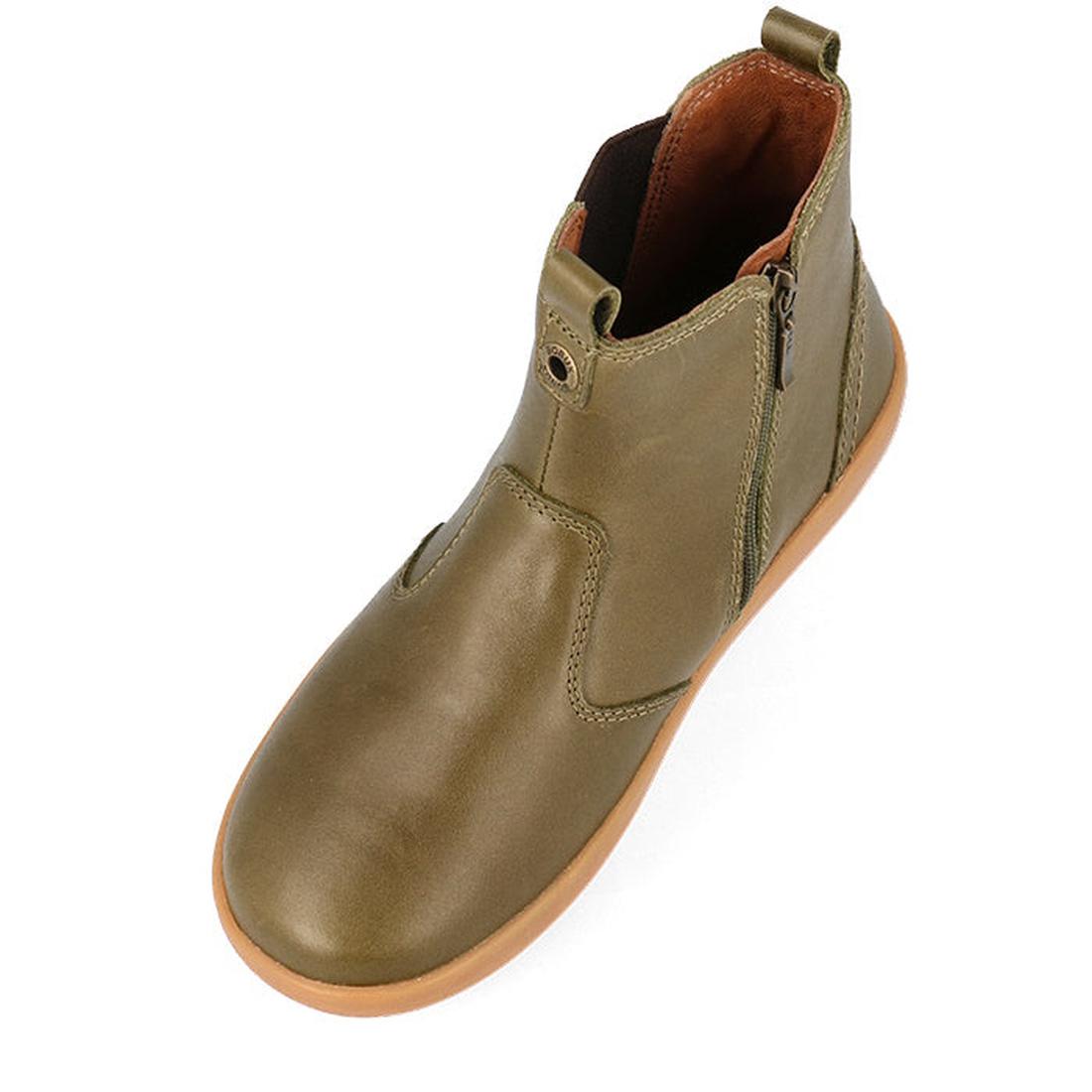 The Bobux Kid+ Jodhpur Boot Olive Toffee 830060 is an olive green leather kids boot with a classic unisex design, tan rubber sole, side zipper, and brown inner lining, shown from above at an angle., 9420075796324, 9420075796270, 9420075796294, 94200757961