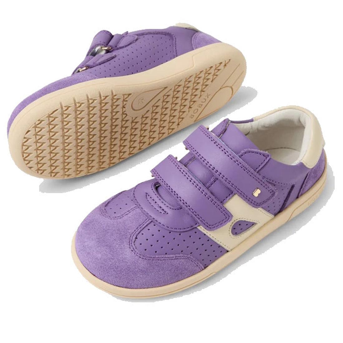 The Bobux KP Kids Plus Titan Juniors Leather Sneaker in Purple Haze has beige soles, white accents, hook-and-loop straps, and perforated details. One shoe is top view; the other shows the sole., 9420074855961, 9420074855978, 9420074855985, 9420074855992, 