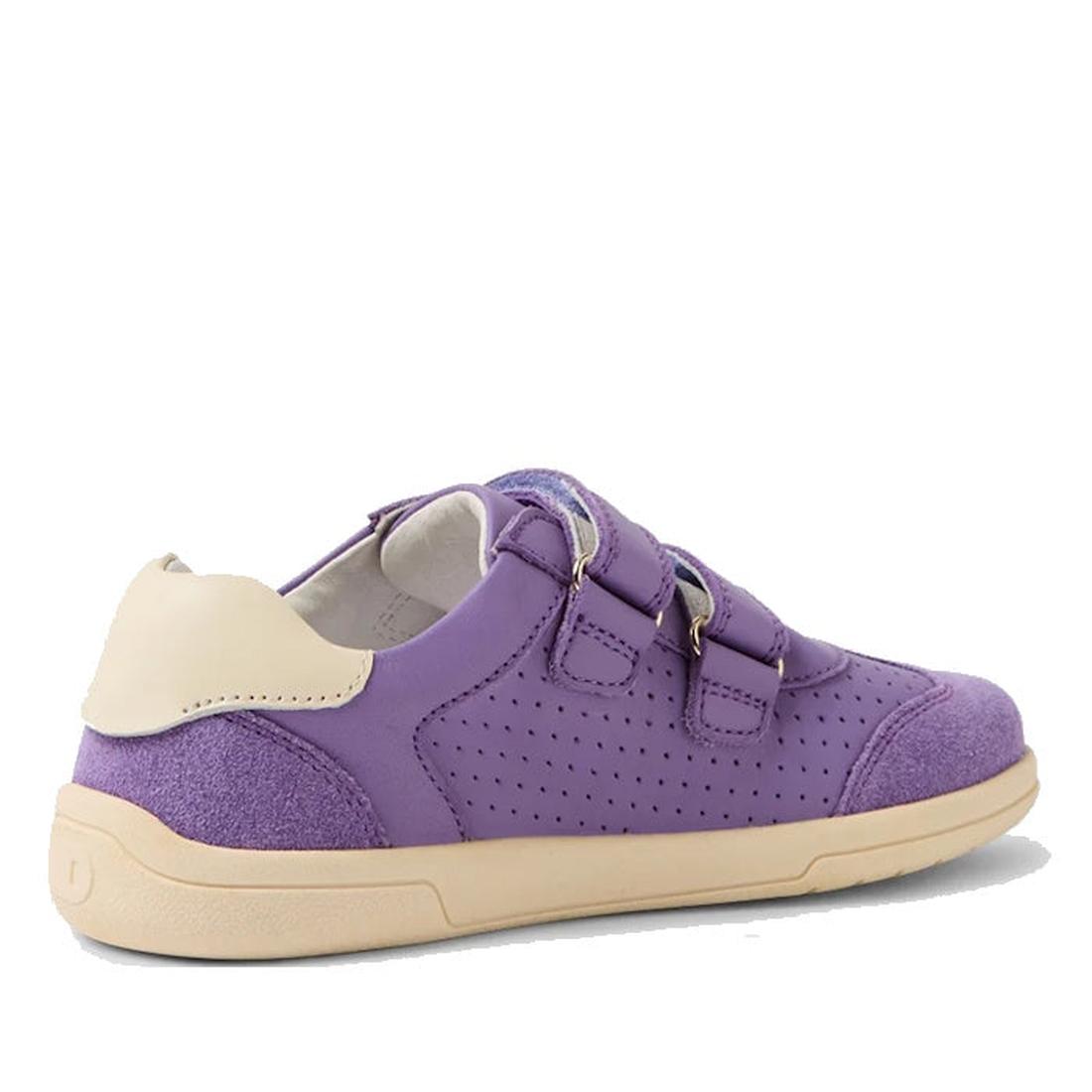 The Bobux KP Kids Plus Titan Juniors Leather Sneaker in Purple Haze features adjustable hook-and-loop straps, perforated side panels, a cream heel accent, and a beige flexible sole, shown here in a side view., 9420074855961, 9420074855978, 9420074855985, 