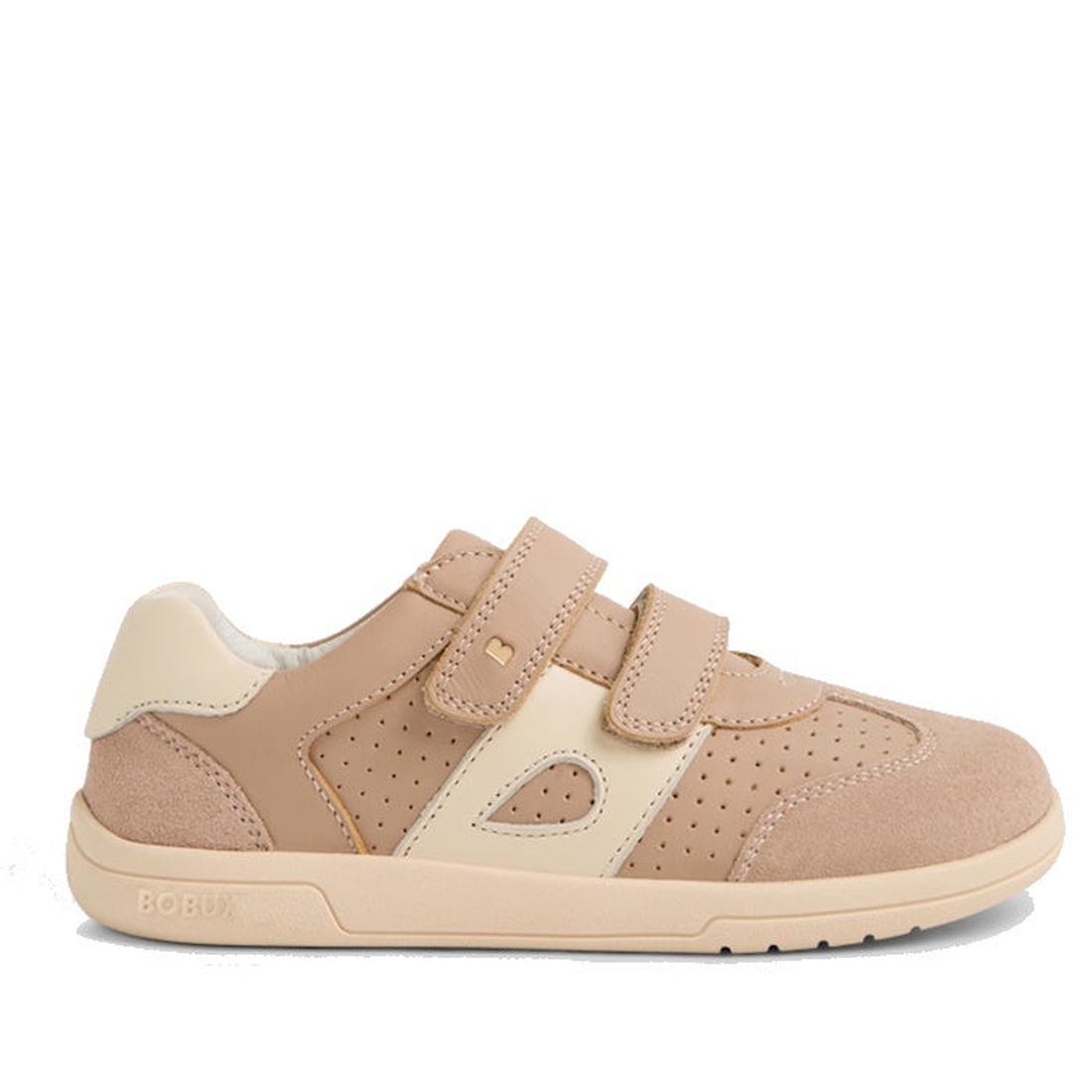 The Bobux KP Kids Plus Titan Juniors Leather Sneaker in Warm Taupe features beige and cream tones, suede and perforated details, two Velcro straps, a rubber sole, and is shown in a side profile view., 9420074855893, 9420074855909, 9420074855916, 942007485
