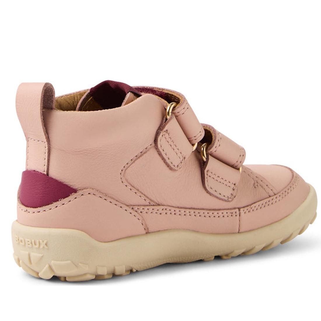 The Bobux KP Kids Plus Trek Leather Boot Juniors Cameo Rose Pink Alpha features a barefoot-shaped toebox, two velcro straps, beige rubber sole, and maroon heel accent, shown from the side and slightly behind., 9420068563346, 9420068563353, 9420068563360, 