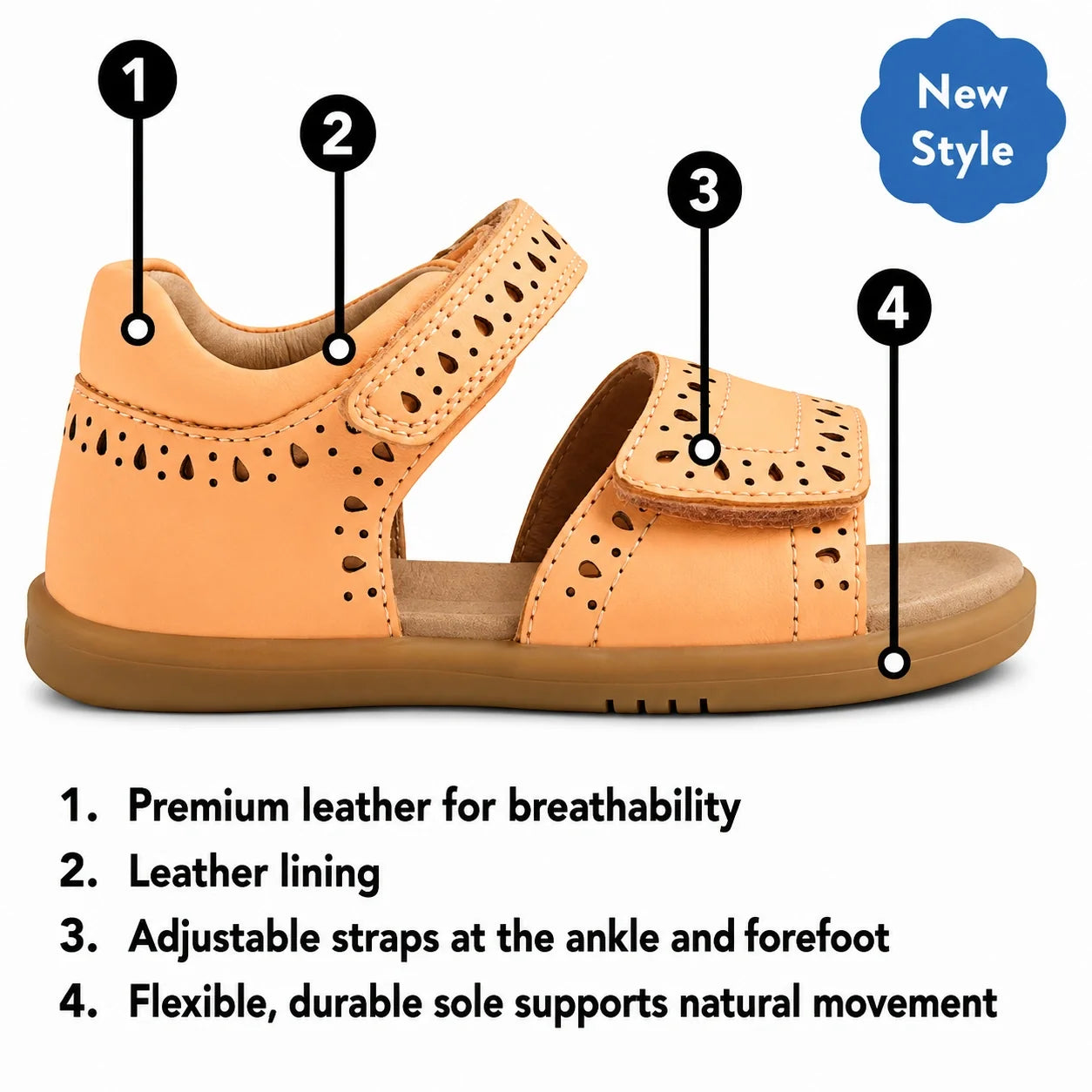 Introducing the Bobux Kid+ Plus KP Logan Peach Jelly Open Toe Sandal: children’s stylish peach jelly sandals crafted from premium leather with soft leather lining. Features include cut-out details, easy-to-use adjustable straps for a secure fit, and a sup