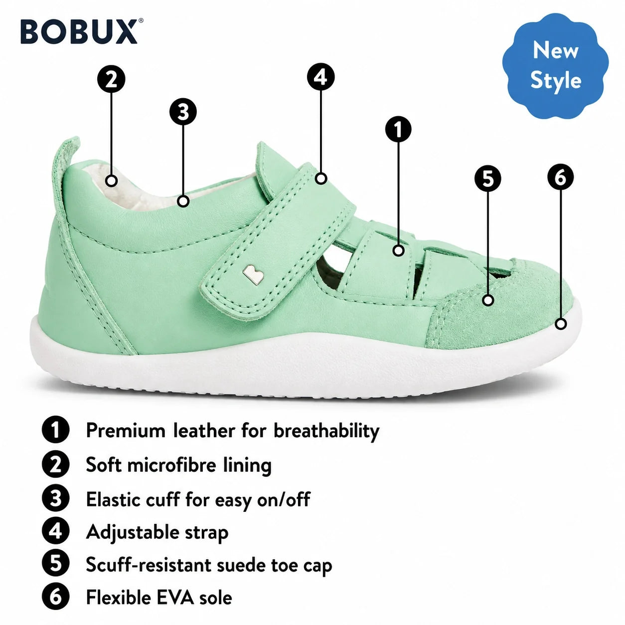 The Bobux XP Explorer Maris First Walker Sandal in Peach Jelly is displayed, with labels highlighting its premium leather, soft lining, elastic cuff, adjustable strap, suede toe cap, and flexible white sole. Designed as classic fisherman sandals for littl