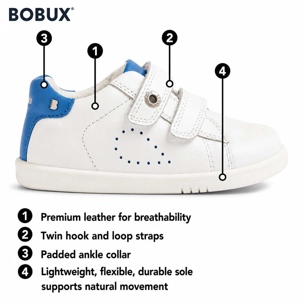 Bobux IW Iwalk Maverick Toddlers Leather Sneaker White Navy