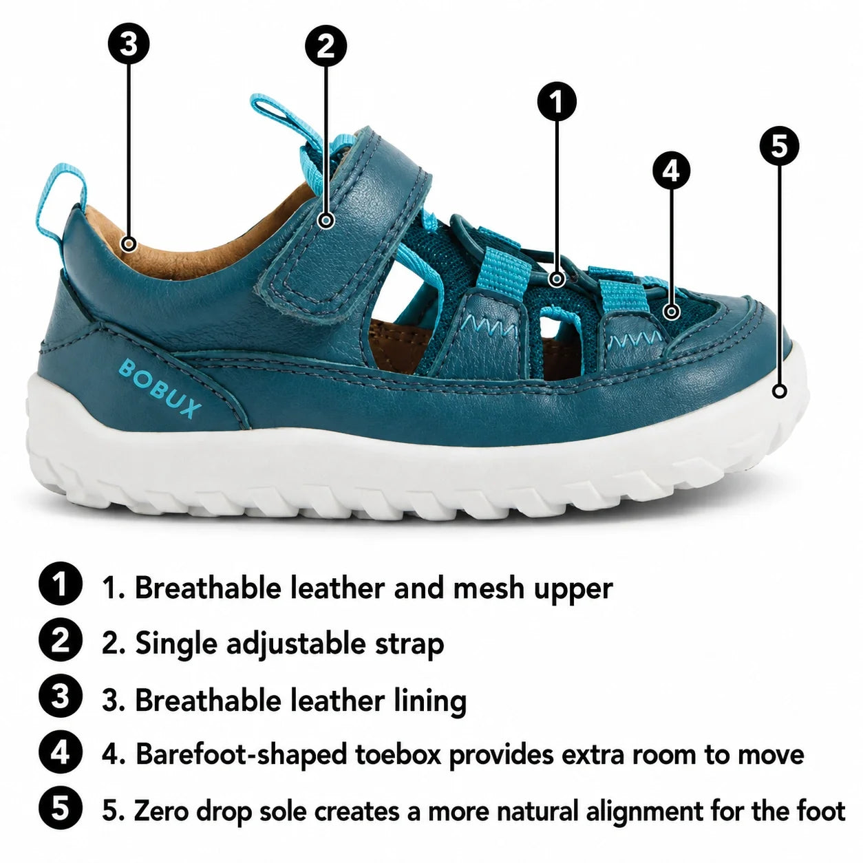 Introducing the Bobux Kid+ KP Rocky Leather Closed Toe Sandal in Vetiver Green Barefoot: a children’s sandal featuring a breathable leather and mesh upper, adjustable strap, leather lining, wide toebox, and zero drop sole for natural foot alignment. This 