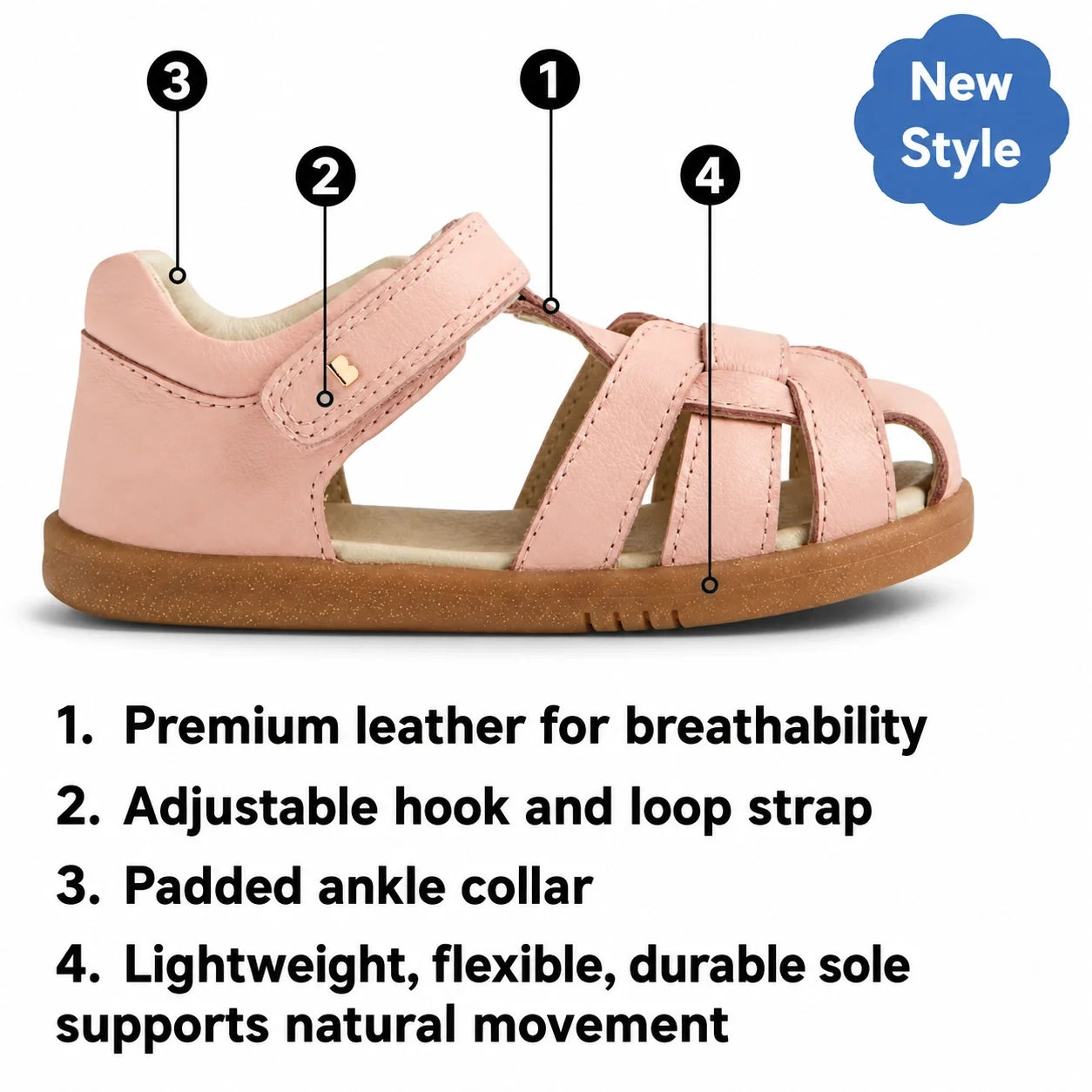 Bobux Step Up Sandal Skip Twist Closed Toe Sandals in Cashmere Rose Pink for toddlers feature premium leather, an adjustable hook and loop strap, a padded ankle collar, and a lightweight flexible sole. Designed as first walking leather sandals with a secu