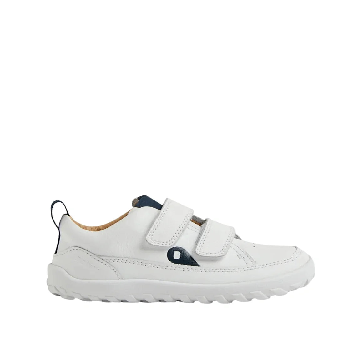 The Bobux IW Iwalk Dawn Toddlers Leather Sneaker in White Navy Alpha Barefoot features two velcro straps, a durable sole, and a subtle navy accent on the side—ideal everyday shoes for adventurous toddlers.