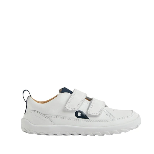 The Bobux IW Iwalk Dawn Toddlers Leather Sneaker in White Navy Alpha Barefoot features two velcro straps, a durable sole, and a subtle navy accent on the side—ideal everyday shoes for adventurous toddlers.