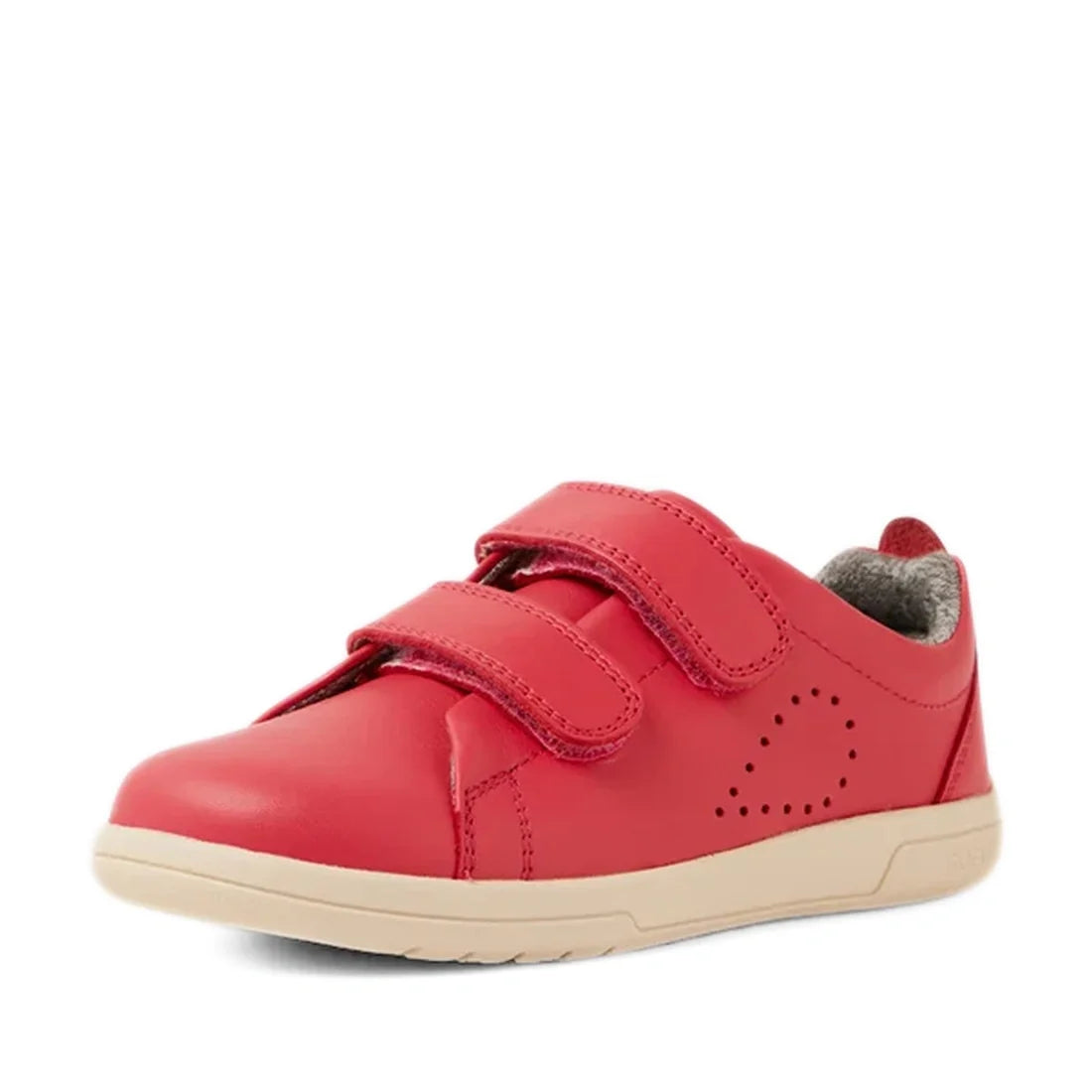 The Bobux KP Kids Plus Grass Court 2 II Leather Sneaker in Radiant Raspberry is pictured solo against a white background. This kids’ leather sneaker features two Velcro straps and subtle perforated dots on the side. With its beige rubber sole and soft-loo