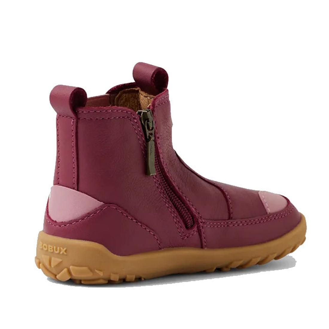 The Bobux SU Step Up Trail Leather Boot Beaujolias Purple Alpha is a toddler barefoot boot featuring a wide toe-box, side zipper, light pink heel and toe accents, and a grippy tan sole—ideal for first walkers., 9420068578340, 9420068578357, 9420068578364