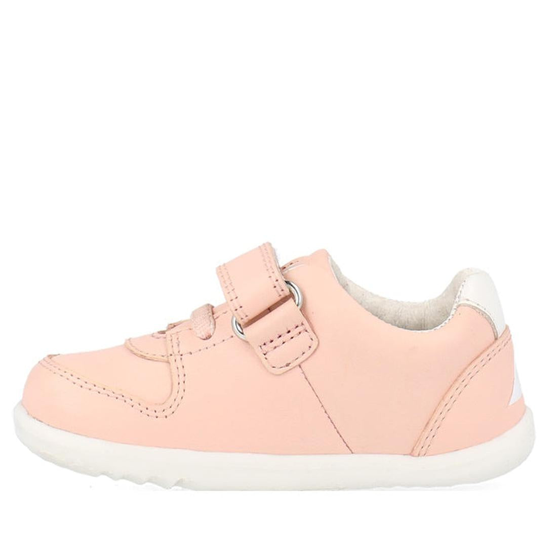 The Bobux Step Up SU Toddlers Leather Sneaker Comet Pink 734604 features a light pink leather upper, white flexible sole, hook-and-loop strap with lace detail, rounded toe, and cushioned white lining—ideal everyday sneakers for toddlers., 9420075706415, 9