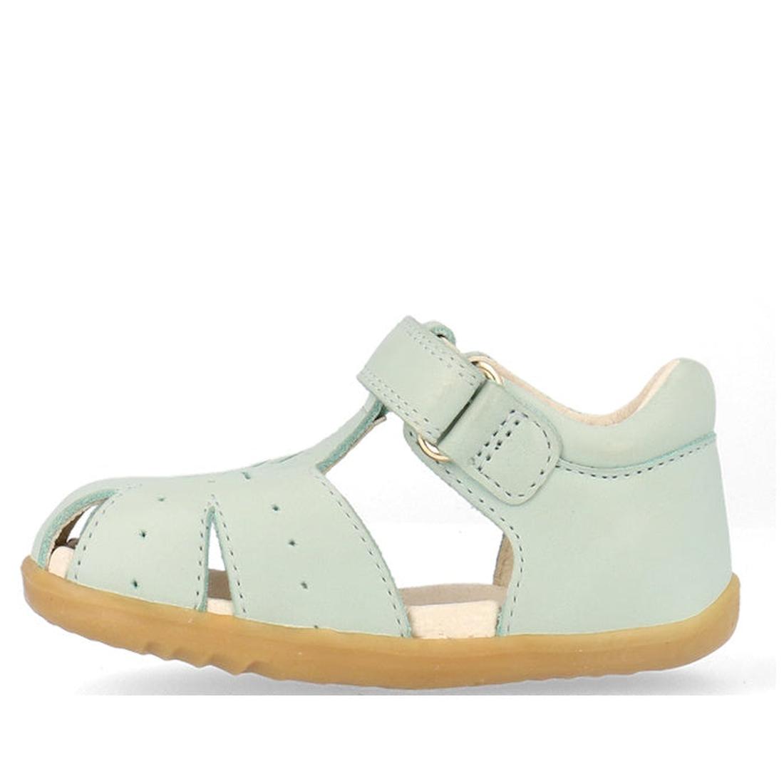 The Bobux Step Ups Compass Mist Aqua 734905 is a stylish light green closed-toe sandal for toddler girls, with a perforated upper, ankle strap, and light brown sole—perfect leather shoes inspired by Bobux’s first walker designs., 9420075708594, 9420075708, 9420075708600, 9420075708617, 9420075708624