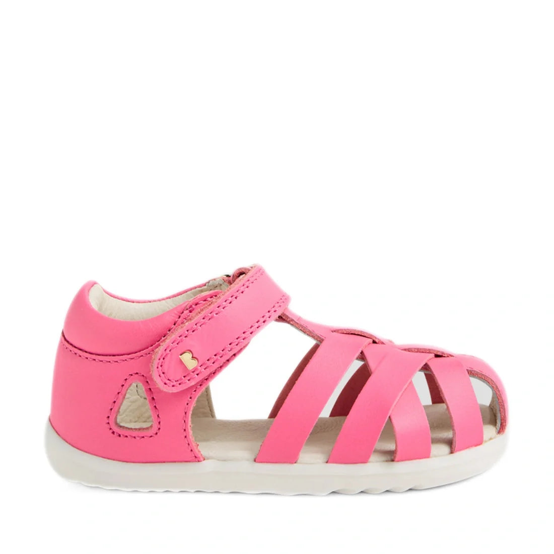 The Bobux Step Up SU Tropicana II Pink Lemonade Closed Toe Sandal for toddlers, featuring a Velcro strap, white sole, and cut-out side details reminiscent of the classic Tropicana style, is displayed against a white background., 9420074809902, 94200748099