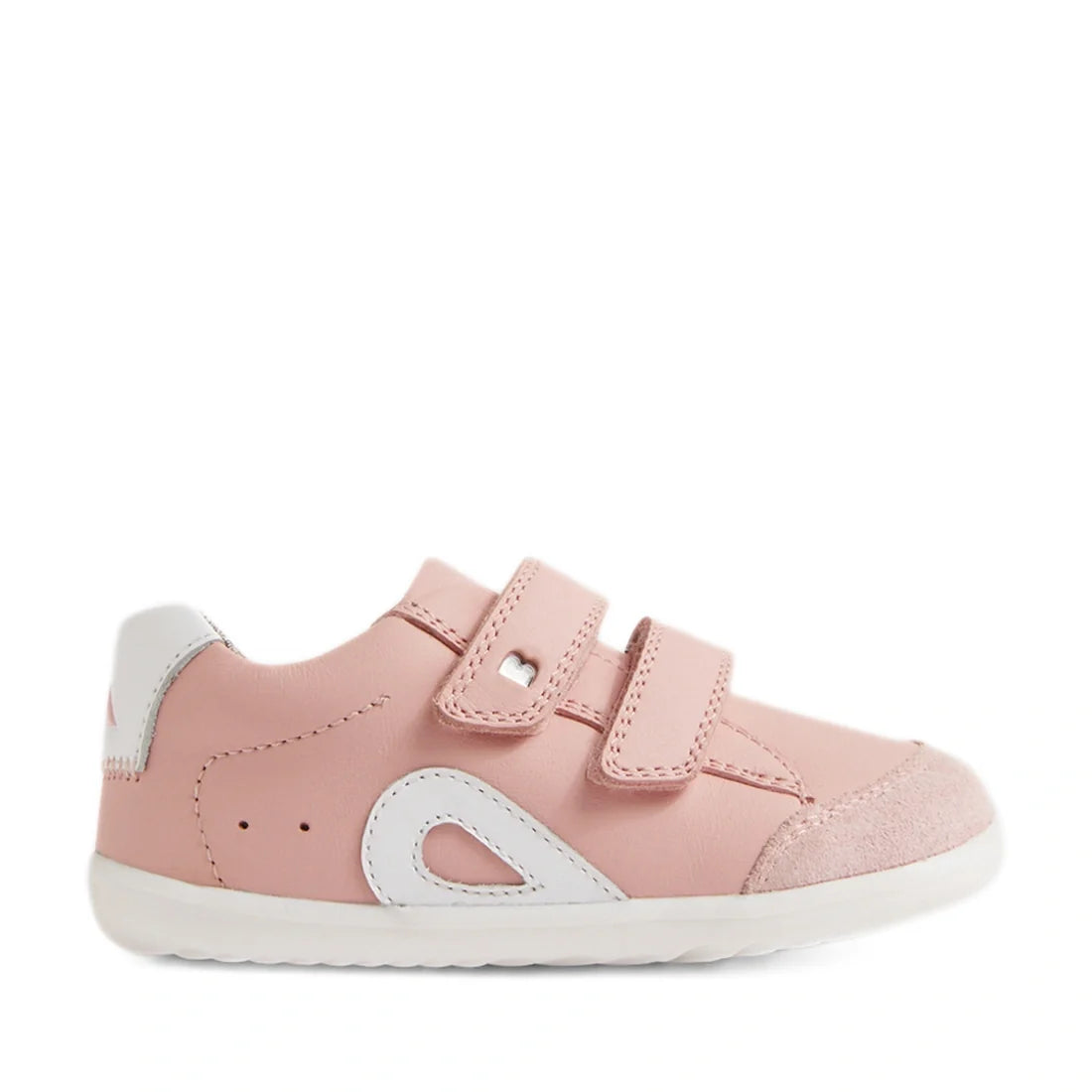 The Bobux SU Step Up Blaze Leather Toddlers Sneaker in Ballet Pink features two Velcro straps, white accents, and a white sole, seen in side profile on a plain background—making it the perfect choice for kids’ leather sneakers as those all-important first