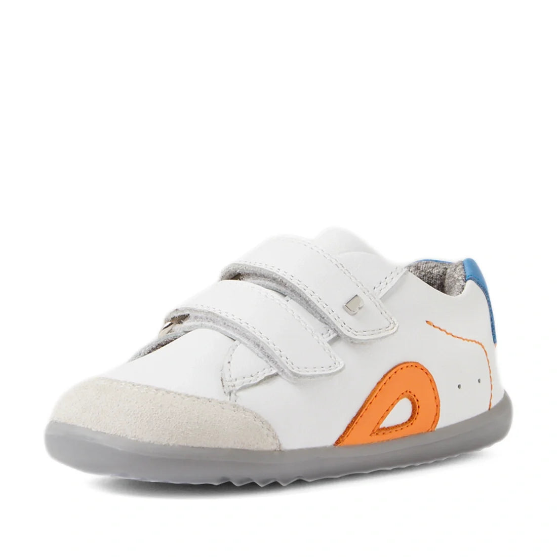 The Bobux SU Step Up Blaze Leather Toddlers Sneaker in White Orange features a white leather upper with two velcro straps, orange and blue accents, a gray sole, and a light beige toe cap—perfect first walking sneakers for little ones., 9420074848789, 9420