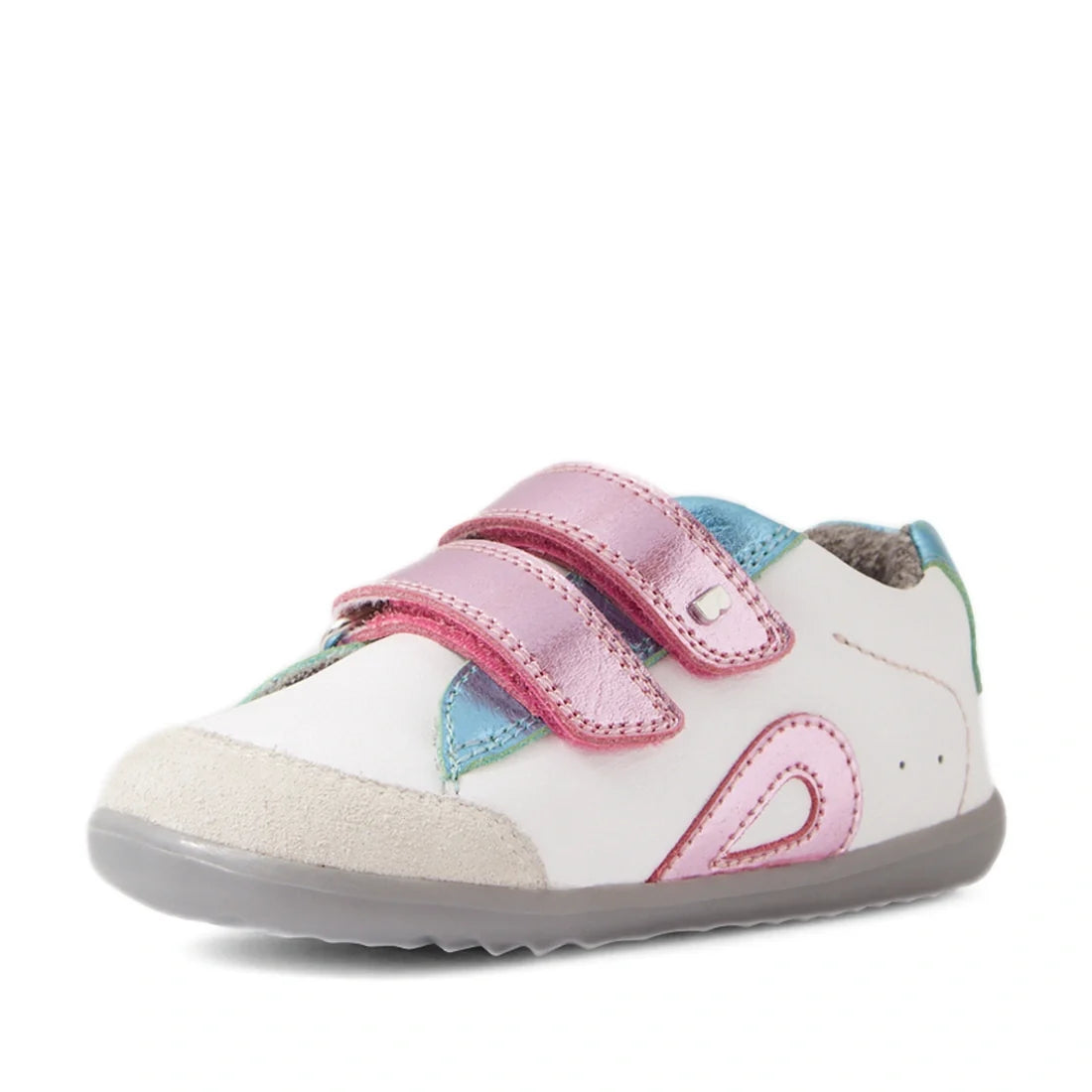 The Bobux SU Step Up Blaze Leather Toddlers Sneaker White Pink is a stylish first walking shoe for toddlers, crafted in white leather and adorned with pink velcro straps, pastel blue and green accents, a grey sole, and a playful pink decorative swirl on t