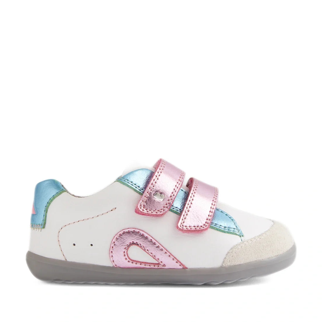 The Bobux SU Step Up Blaze Leather Toddlers Sneaker in White Pink features metallic pink velcro straps, vibrant metallic blue and pink accents, a light gray sole, and a soft suede toe cap. Crafted with care for little feet, these children’s leather sneake