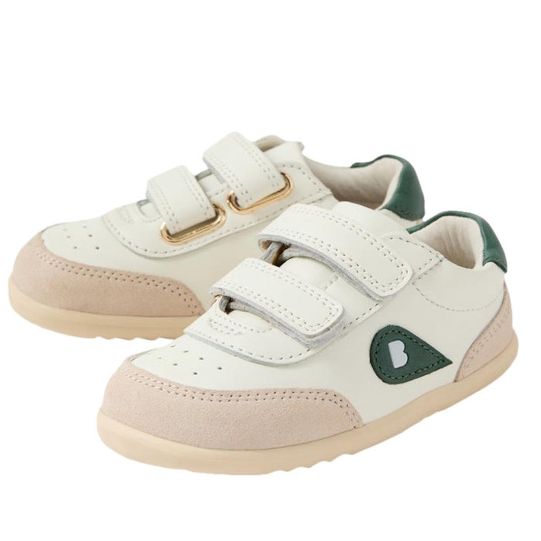 The Bobux Step Up SU Champ II Sneaker in Chalk White/Rainforest Green features white and beige uppers, beige soles, green heel detail, and two Velcro straps—perfect first walker sneakers for your toddler., 9420074865441, 9420074865458, 9420074865465, 9420