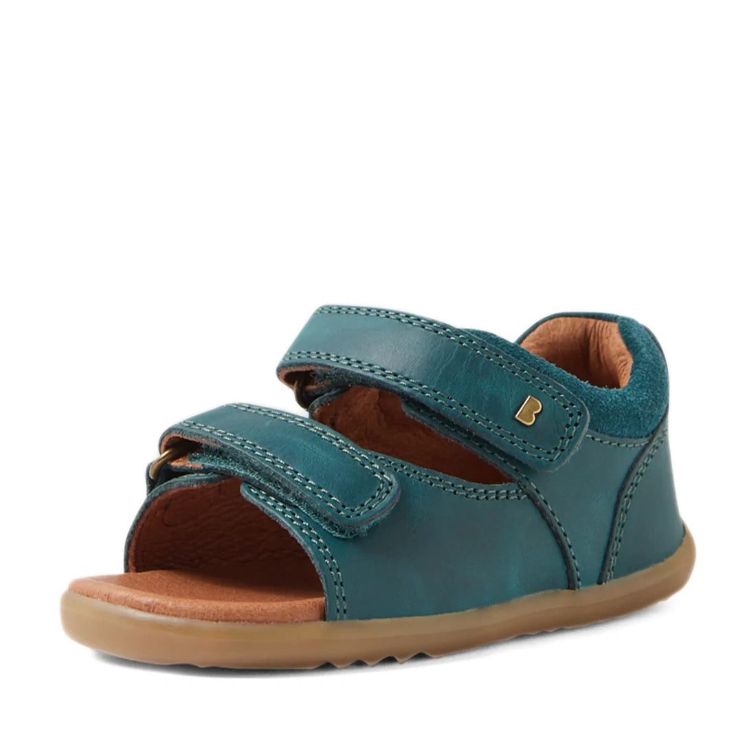 A single Bobux SU Step Up Driftwood First Walker Open Toe Sandal in Mediterranean Green—with two adjustable Velcro straps, a tan rubber sole, open toe design, and brown inner lining—ideal as first walking shoes or boys’ leather sandals, is displayed again