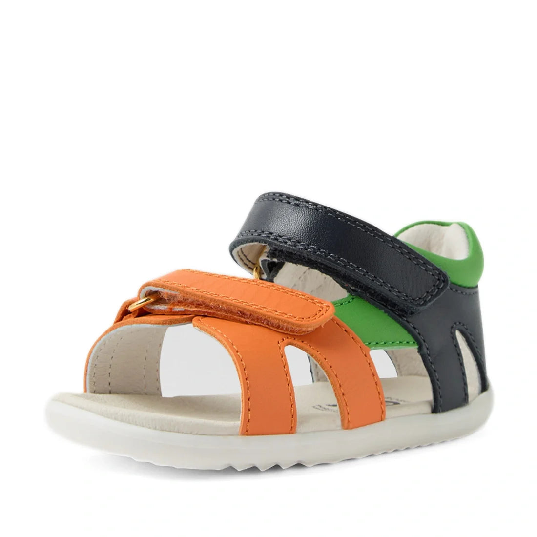 Introduce young explorers to the Bobux SU Step Up Dune First Walker Open Toe Sandal Navy—a vibrant children’s sandal crafted with orange, green, and navy blue leather straps and a supportive white sole. Designed with an open toe and a hook-and-loop closur