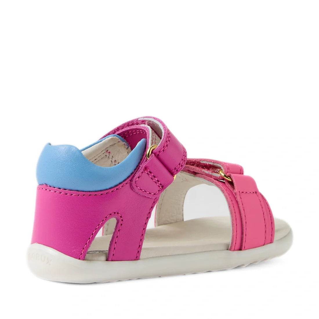 Bobux SU Step Up Dune First Walker Open Toe Sandal in Rose Bright Pink for toddlers features a white sole, open design, padded ankle support, and adjustable straps for a comfortable fit; shown from the back and side on a white background., 9420074856128, 