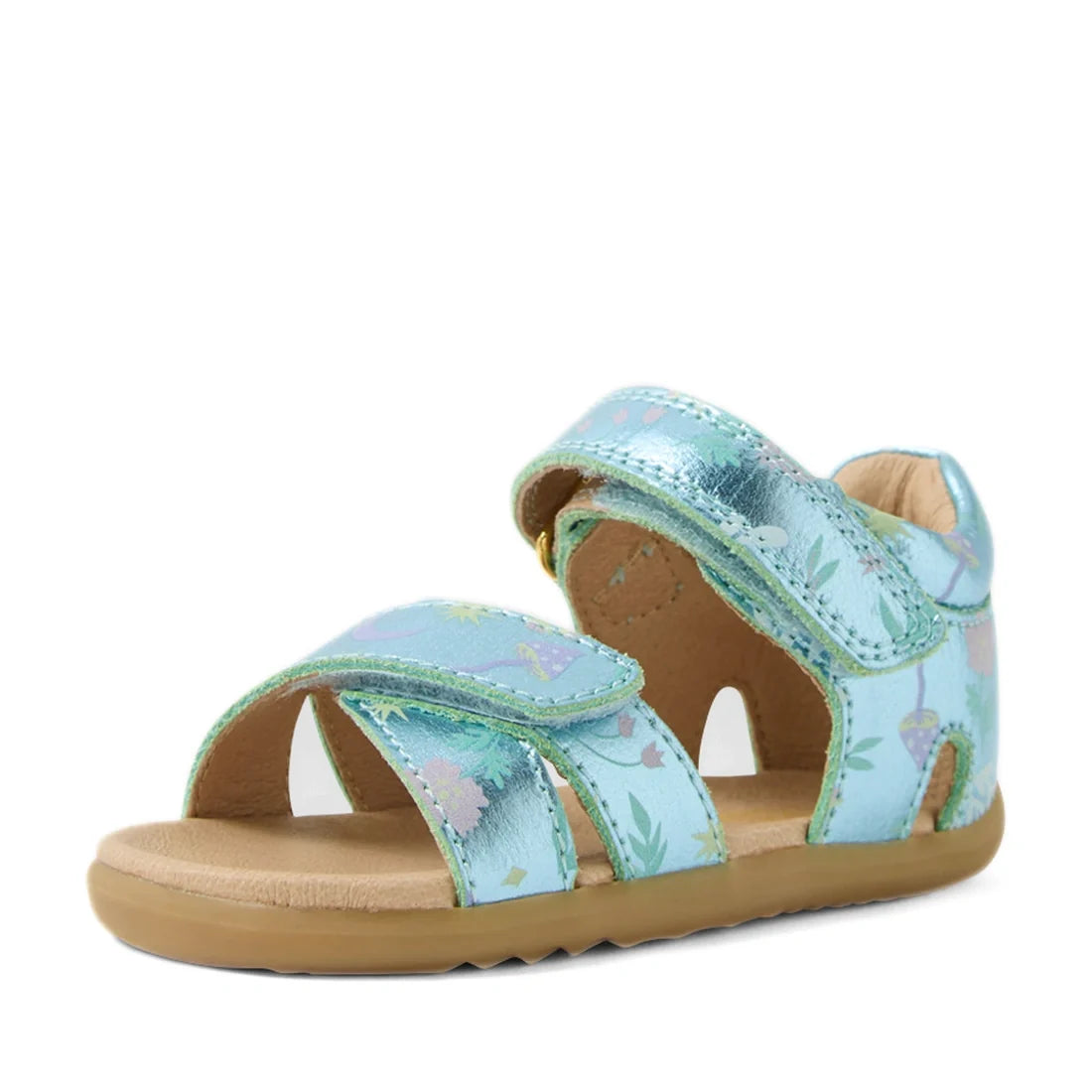 The Bobux Step Up Flora First Walker Jelly Mint Metallic Blue is a light blue sandal featuring floral prints, metallic blue accents, a tan sole, and adjustable Velcro straps on the front and ankle for easy fitting—perfect leather sandals for toddlers taki